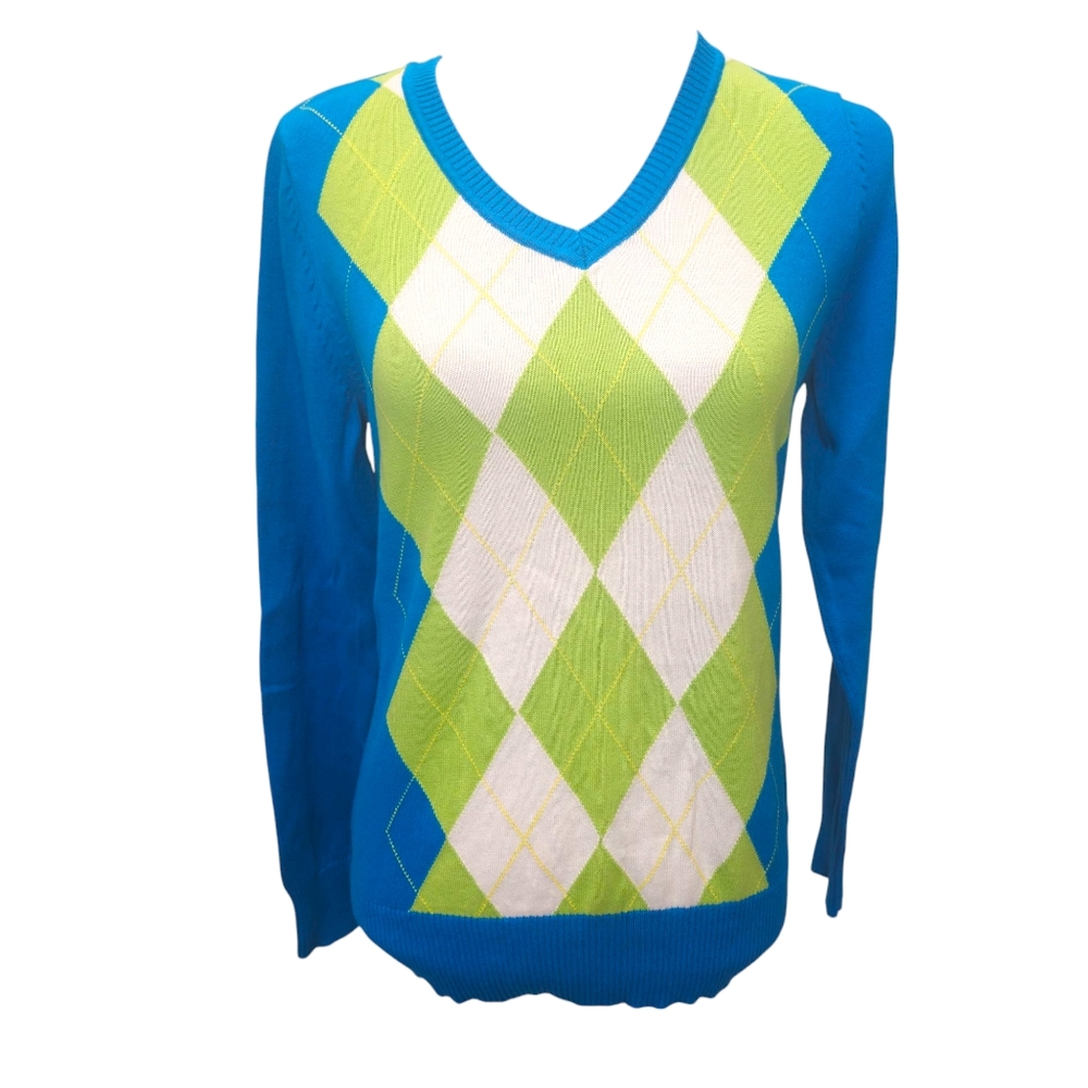 St. John's Bay Women's Blue and Green Argyle Sweater Size Medium